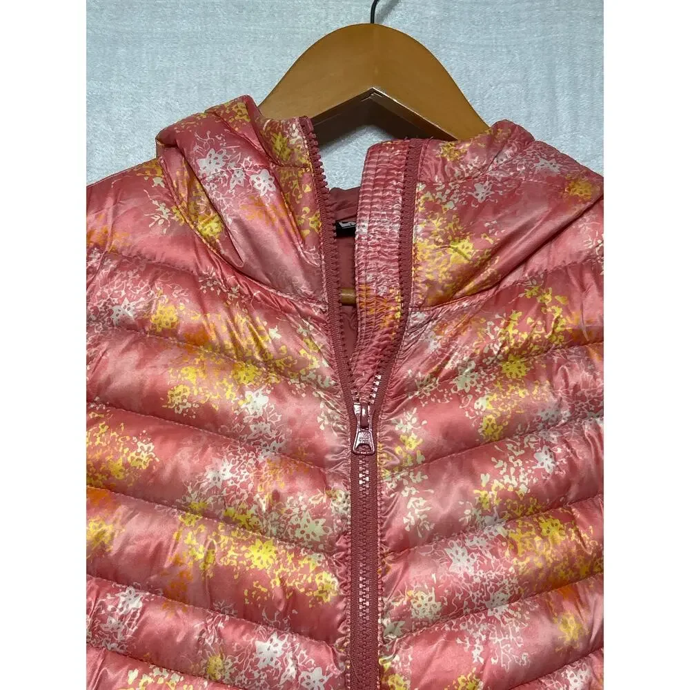 Lands End Puffer Coat Large 14 16 Down Filled Packable NEW Pink Yellow Abstract - Picture 3 of 12